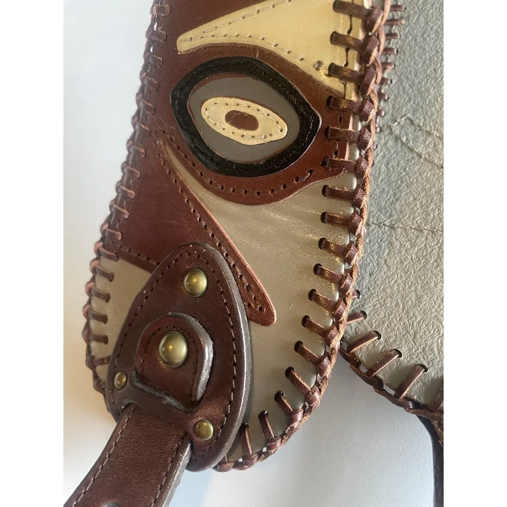 Vintage Hand Tooled Leather Inlay Belt Boho Western Whipstitch Brown Tan Medium
